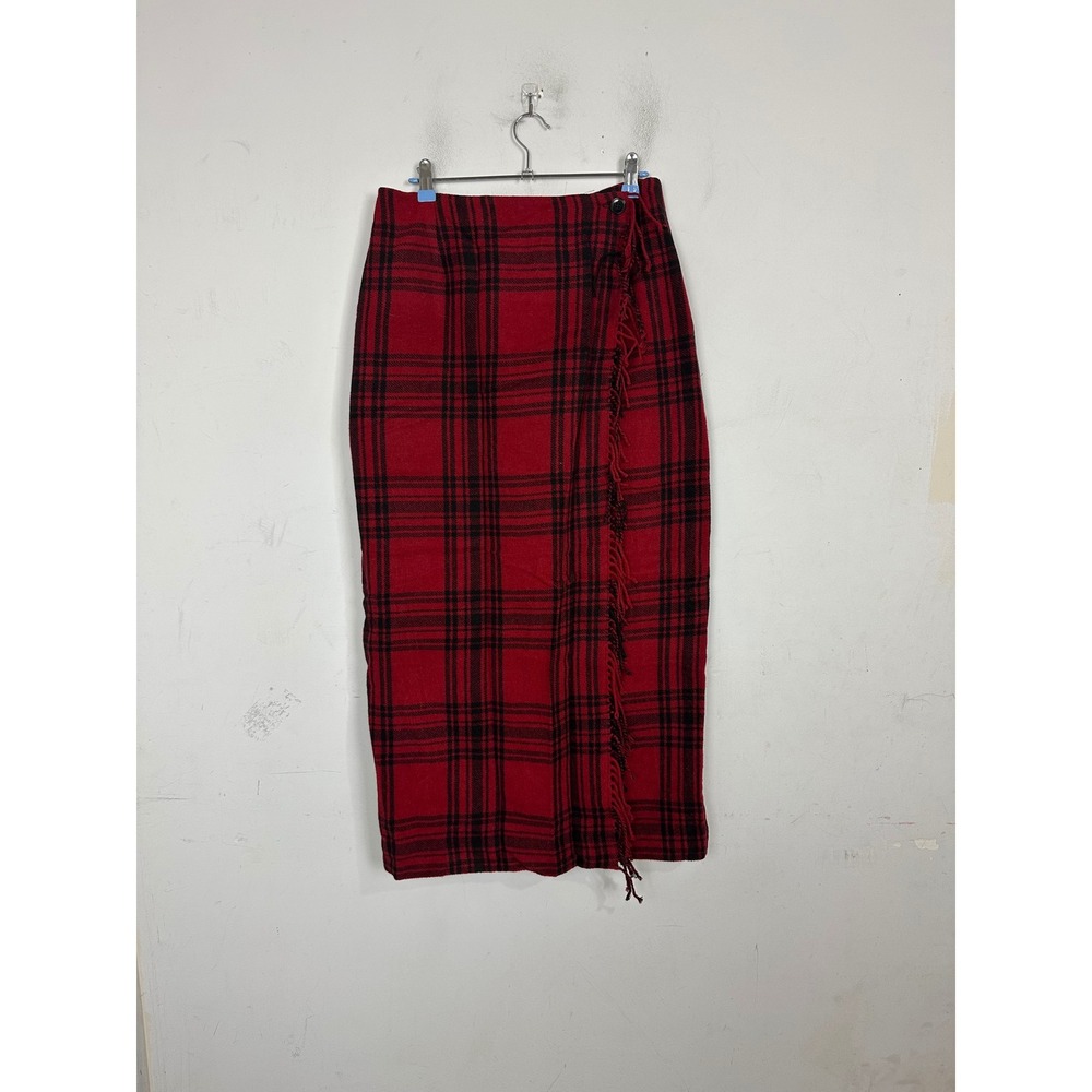 Cambridge Country Red Black Plaid Wool Blend Fringe Wrap Midi Kilt Skirt Size 10